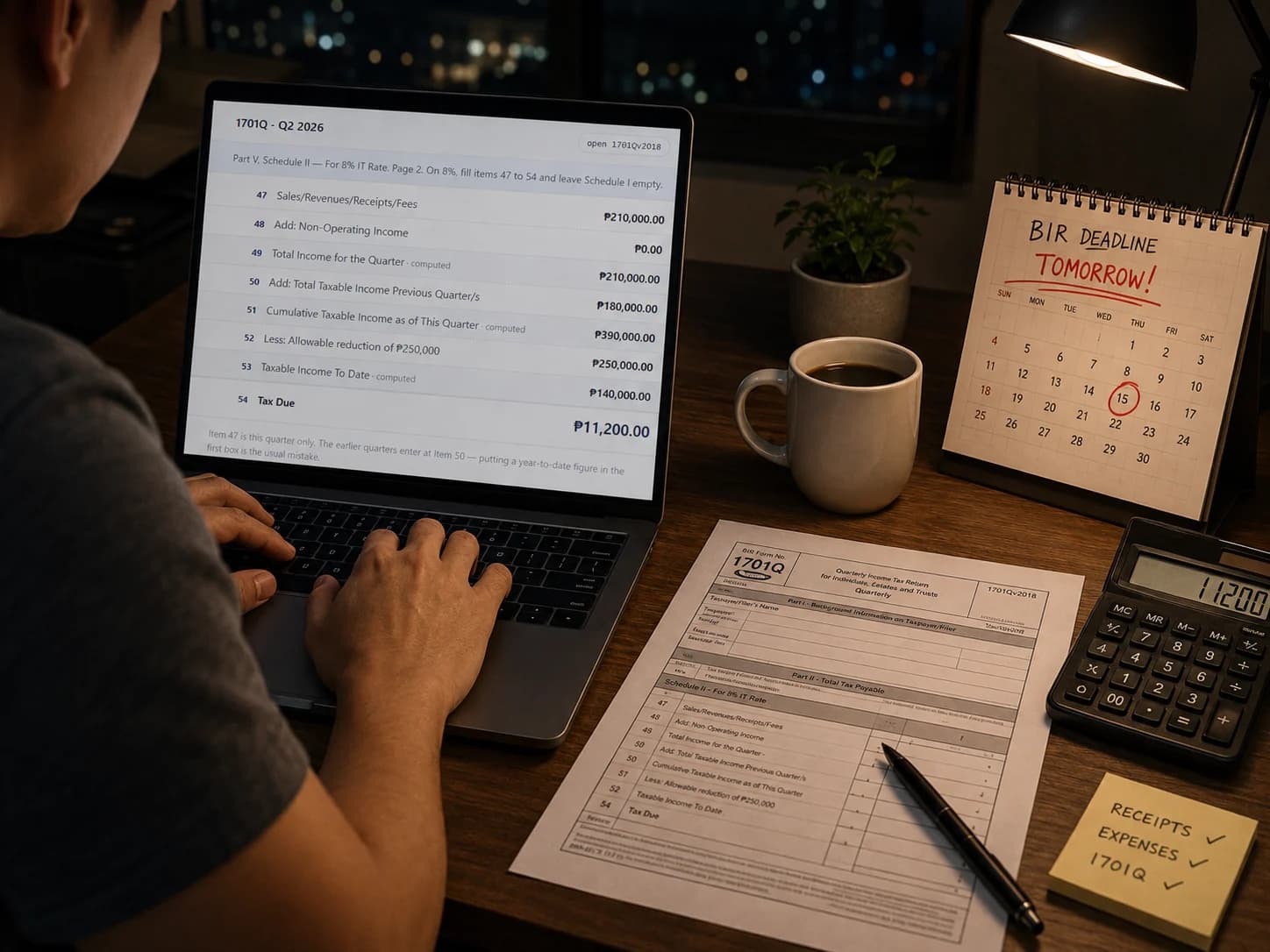 Filing a 1701Q at a laptop at night, with the blank form and a calendar beside it