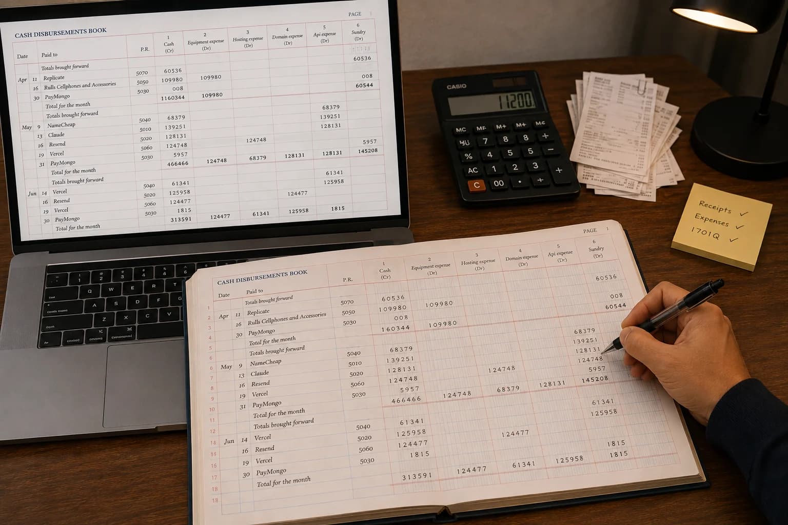 The cash disbursements page on a laptop beside the same page being copied into a bound columnar book